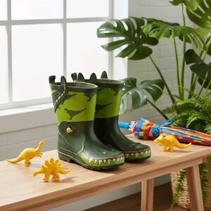 Steel Shank Dinosaur Splashers Boots Kids 2 Green Dino Face